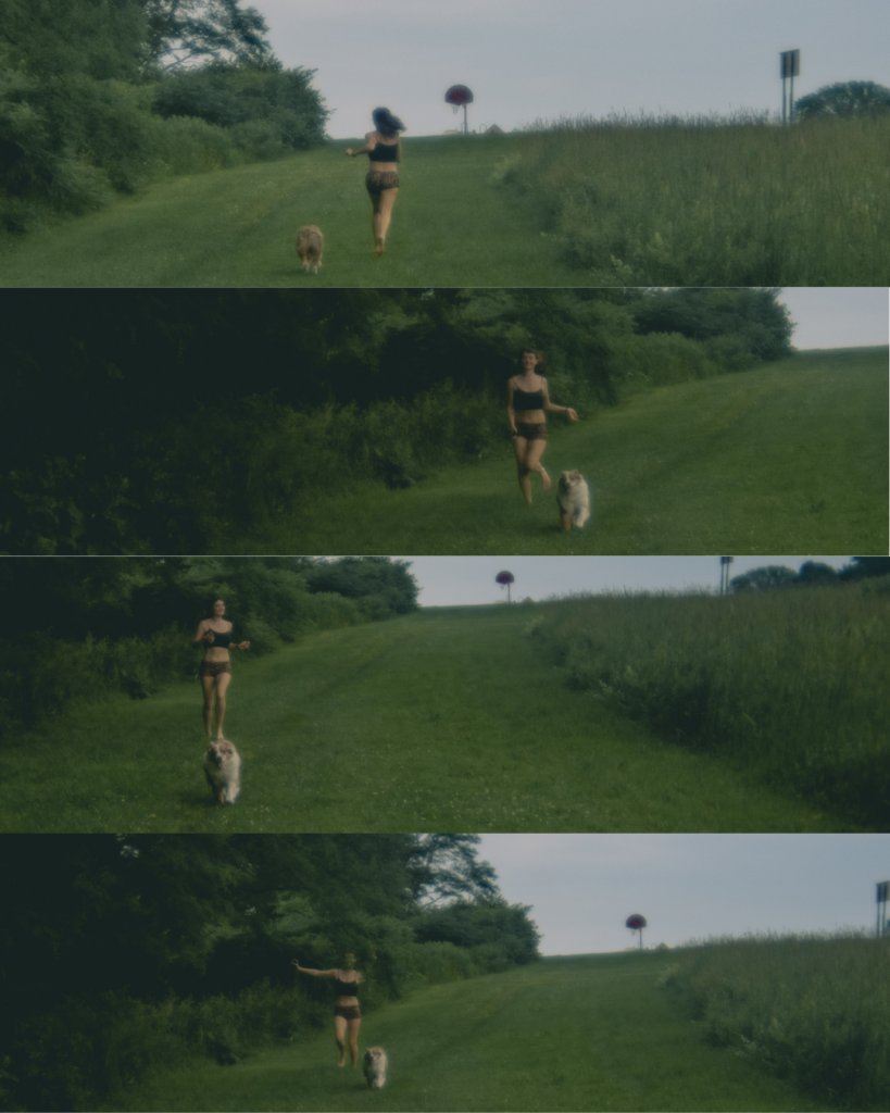 girl running with dog in a field